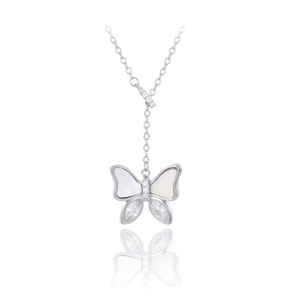 Butterfly Y Necklace | Mother of Pearl & CZ Stone | Platinum Plated